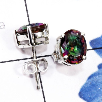 Mystic quartz C - SSE968-7x9mm Oval 925 Silver Handmade Prong Setting Stud Earring
