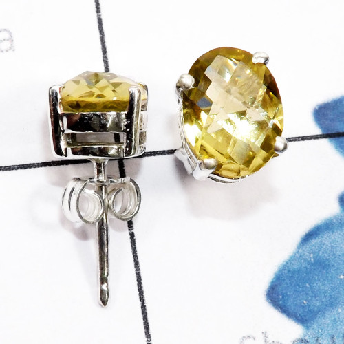 Lemon Quartz E - SSE968-7x9mm Oval 925 Silver Handmade Prong Setting Stud Earring