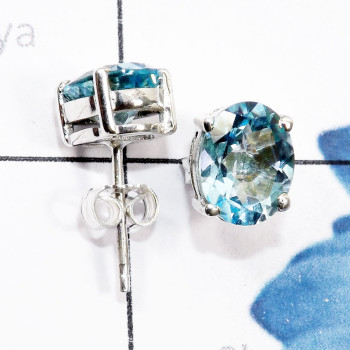 Blue Topaz O - SSE968-7x9mm Oval 925 Silver Handmade Prong Setting Stud Earring