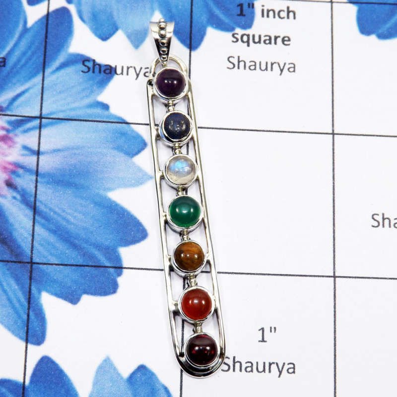 Chakra Stone A - CHP990-Seven Multi Cab Chakra Stone 925 Sterling Silver Pendant