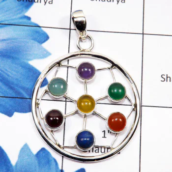 Chakra Stone B - CHP990-Seven Multi Cab Chakra Stone 925 Sterling Silver Pendant Chakra Stone B - CHP990-Seven Multi Cab Chakra Stone 925 Sterling Silver Pendant
