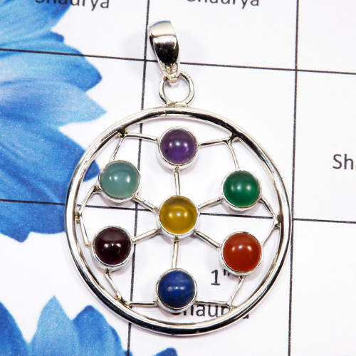 Chakra Stone B - CHP990-Seven Multi Cab Chakra Stone 925 Sterling Silver Pendant Chakra Stone B - CHP990-Seven Multi Cab Chakra Stone 925 Sterling Silver Pendant