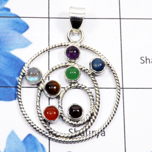 Chakra Stone O - CHP990-Seven Multi Cab Chakra Stone 925 Sterling Silver Pendant Chakra Stone O - CHP990-Seven Multi Cab Chakra Stone 925 Sterling Silver Pendant