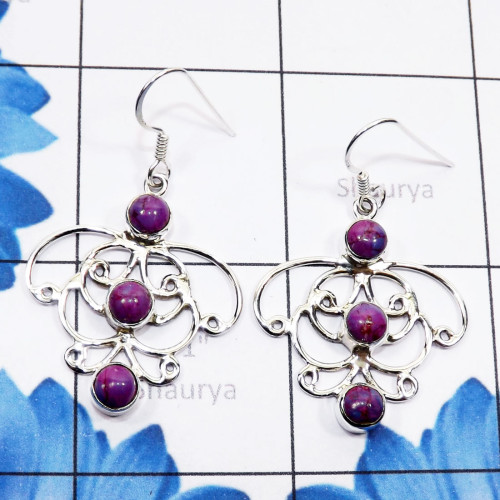 Purple Turquoise C - SDE797-Genuine Gemstone 925 Sterling Silver Handmade Three Stone Purple Turquoise C - SDE797-Genuine Gemstone 925 Sterling Silver Handmade Three Stone