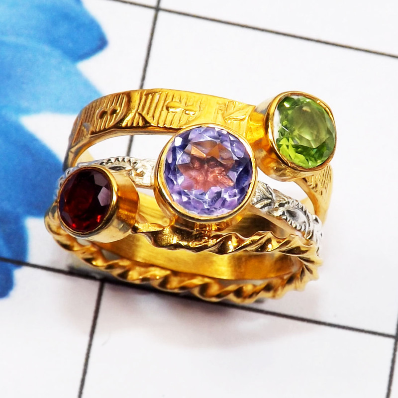 Multi Cut Gemstone O - STR944-Genuine Multi Gemstone 925 Silver Gold Rhodium Plated Two Multi Cut Gemstone O - STR944-Genuine Multi Gemstone 925 Silver Gold Rhodium Plated Two