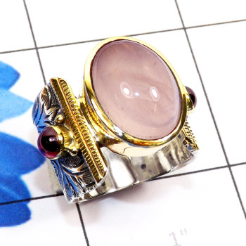 Rose Quartz A - STR942-Semiprecious Cab Gemstone 925 Sterling Silver with Brass Rose Quartz A - STR942-Semiprecious Cab Gemstone 925 Sterling Silver with Brass