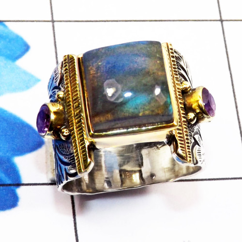 Labradorite Cab F - STR941-Sterling 925 Silver with Brass n Genuine Gemstone Two Ton Labradorite Cab F - STR941-Sterling 925 Silver with Brass n Genuine Gemstone Two Ton