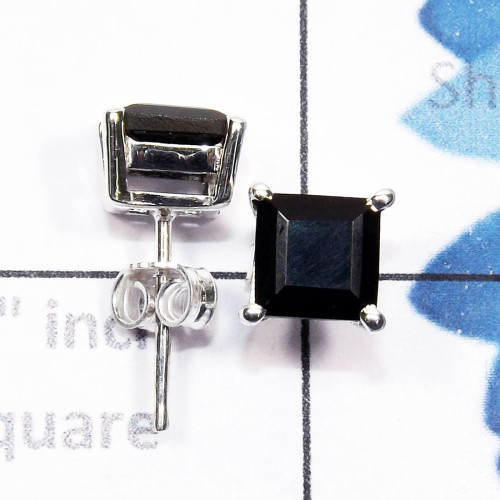 Black Onyx A - SSE954-6mm Square 925 Sterling Silver Faceted Gemstone Stud Earr Black Onyx A - SSE954-6mm Square 925 Sterling Silver Faceted Gemstone Stud Earr