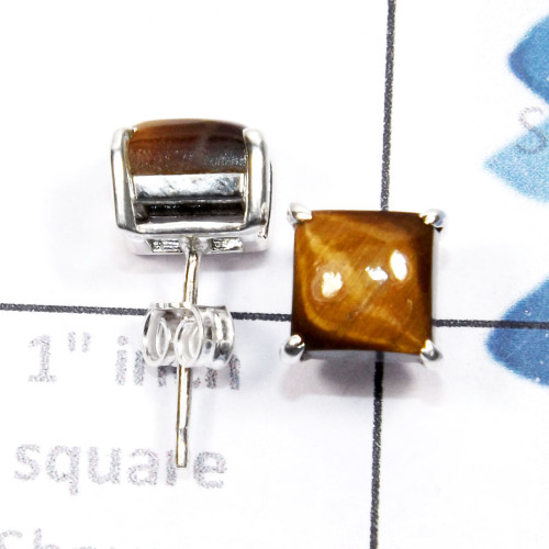 Tiger Eye C - SSE952-7mm Square 925 Sterling Silver Handmade Wholesale Stud Ea