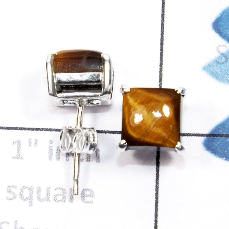 Tiger Eye C - SSE952-7mm Square 925 Sterling Silver Handmade Wholesale Stud Ea Tiger Eye C - SSE952-7mm Square 925 Sterling Silver Handmade Wholesale Stud Ea