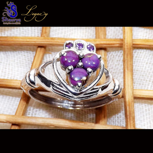 Purple Turquoise C - CLD997-Genuine Three Stone 925 Sterling Silver Claddagh Ring wit