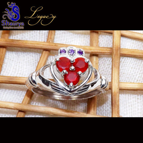 Carnelian Cut E - CLD997-Genuine Three Stone 925 Sterling Silver Claddagh Ring wit