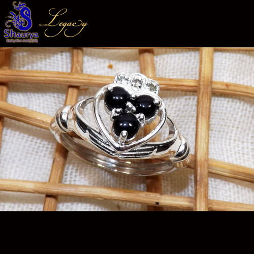 Black Onyx I - CLD997-Genuine Three Stone 925 Sterling Silver Claddagh Ring wit