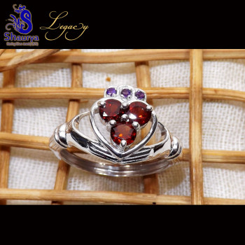 Garnet Cut O - CLD997-Genuine Three Stone 925 Sterling Silver Claddagh Ring wit Garnet Cut O - CLD997-Genuine Three Stone 925 Sterling Silver Claddagh Ring wit