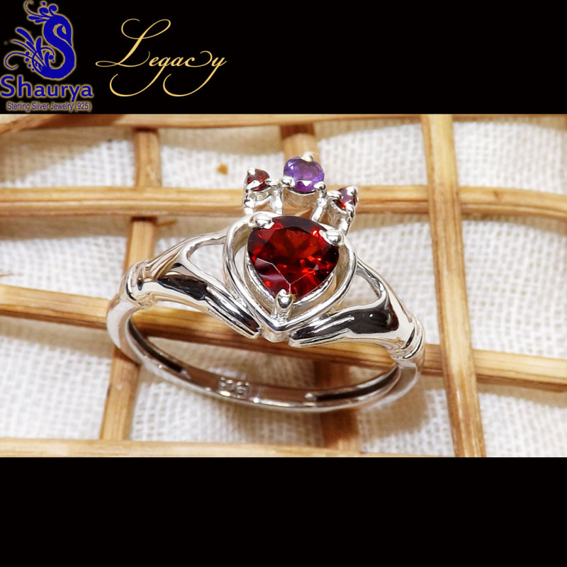 Garnet Cut A - CLD996-Heart Claddagh Ring 925 Sterling Silver with Peridot, Ame Garnet Cut A - CLD996-Heart Claddagh Ring 925 Sterling Silver with Peridot, Ame
