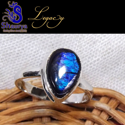 Ammolite F - ALG964-Natural BLue Fire Ammolite Ring Gemstone 925 Sterling Sil