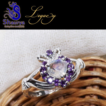 Rainbow Cut, Amethyst D - CLD993-Claddagh Heart Ring 925 Sterling Silver with Pearl, Ameth