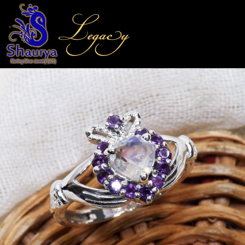 Rainbow Cut, Amethyst D - CLD993-Claddagh Heart Ring 925 Sterling Silver with Pearl, Ameth