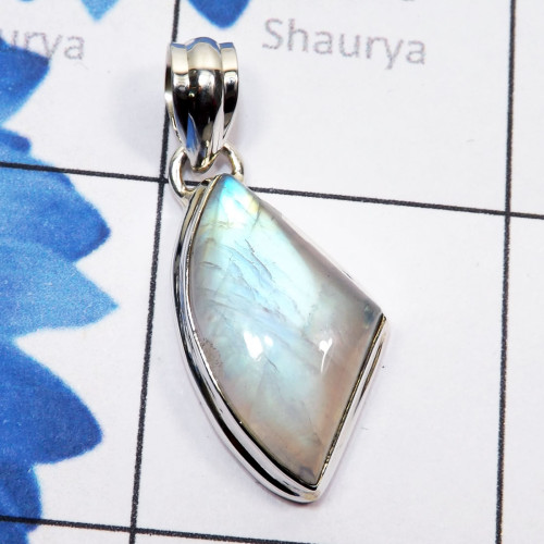 Rainbow Moonstone Cab A - ISP828-Natural Fire Cabochon Rainbow Moonstone 925 Sterling Silv