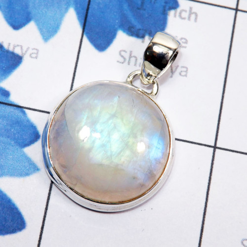 Rainbow Moonstone Cab B - ISP828-Natural Fire Cabochon Rainbow Moonstone 925 Sterling Silv
