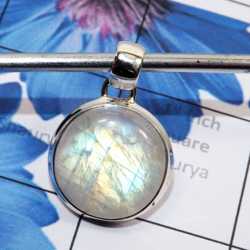 Rainbow Moonstone Cab O - ISP828-Natural Fire Cabochon Rainbow Moonstone 925 Sterling Silv