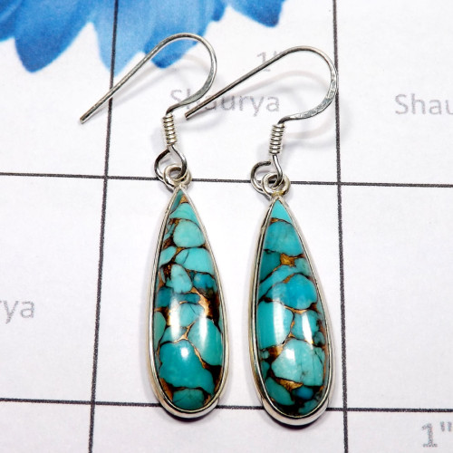 Blue Copper Turquoise Earring B - SBP938-Blue Copper Turquoise In Pendant Earring With 925 Sterlin Blue Copper Turquoise Earring B - SBP938-Blue Copper Turquoise In Pendant Earring With 925 Sterlin