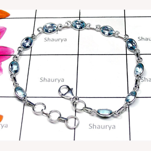 Blue Topaz A - SBB999-Exclusive Silver Precious Gemstone Bejal Bracelet