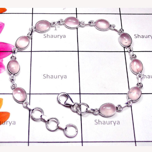 Rose Quartz C - SBB999-Exclusive Silver Precious Gemstone Bejal Bracelet