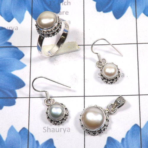 3 Pcs Pearl Set A - PPS997-925 Sterling Silver 3 Pcs Pearl Earring, Pendant, Ring Se 3 Pcs Pearl Set A - PPS997-925 Sterling Silver 3 Pcs Pearl Earring, Pendant, Ring Se