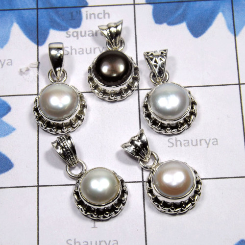 5 Pcs Pearl C - SPP991-5 Pcs Wholesale Pearl Pendant Lot Made in 925 Sterling Si