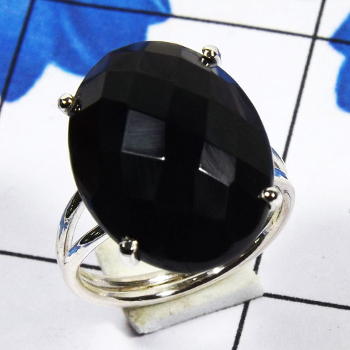 Black Onyx B - SPR960-Prong Setting Sring 925 Sterling Silver Handmade Jeweller