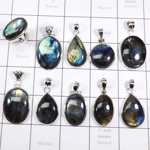 10 Pcs Labradorite Cab B - DOM998-Natural Fire Labradorite 100 Gram Combo Lot 925 Sterling