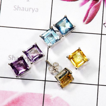 3 Pair Multi Cut Gemstone A - SSE948- Factory Made Stud Multi Gemstone 925 Sterling Silver Ear