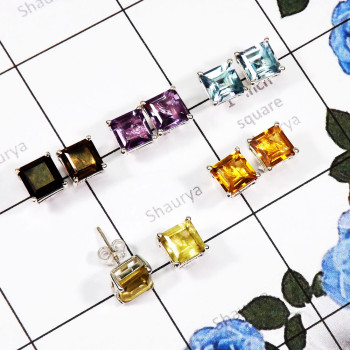 5 Pair Multi Cut Gemstone D - SSE948- Factory Made Stud Multi Gemstone 925 Sterling Silver Ear