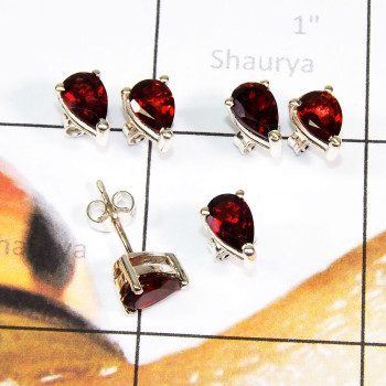 Lovely 3 Pairs Of Garnet Cut Gems Stone B - SSE934 - Amazing 3 Pairs Of Multi Cut Gems Stone 925 Sterling Si