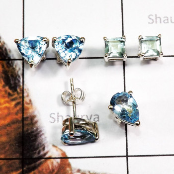 Lovely 3 Pairs Of Blue Topaz Stud Earrings - SSE932 - Wonderful Multi Designed 925 Sterling Silver Wholesale