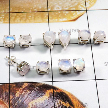 5 Pairs Of Rainbow Moonstone 925 Sterling Silver Stud Earrings - SSE932 - Wonderful Multi Designed 925 Sterling Silver Wholesale