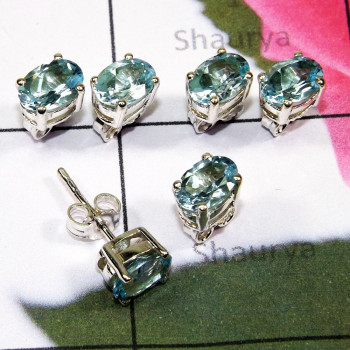3 Pair Blue Topaz Gemstone A - SSE929 - 3 Pairs of Multi Cut Gems Stone 925 Sterling Silver Who