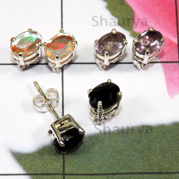 3 Pair Blue Topaz Gemstone O - SSE929 - 3 Pairs of Multi Cut Gems Stone 925 Sterling Silver Who