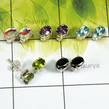 5 Pair Multi Cut Gemstone A - SSE928 - Lovely 5 Pairs of Multi Cut Gems Stone 925 Sterling Sil