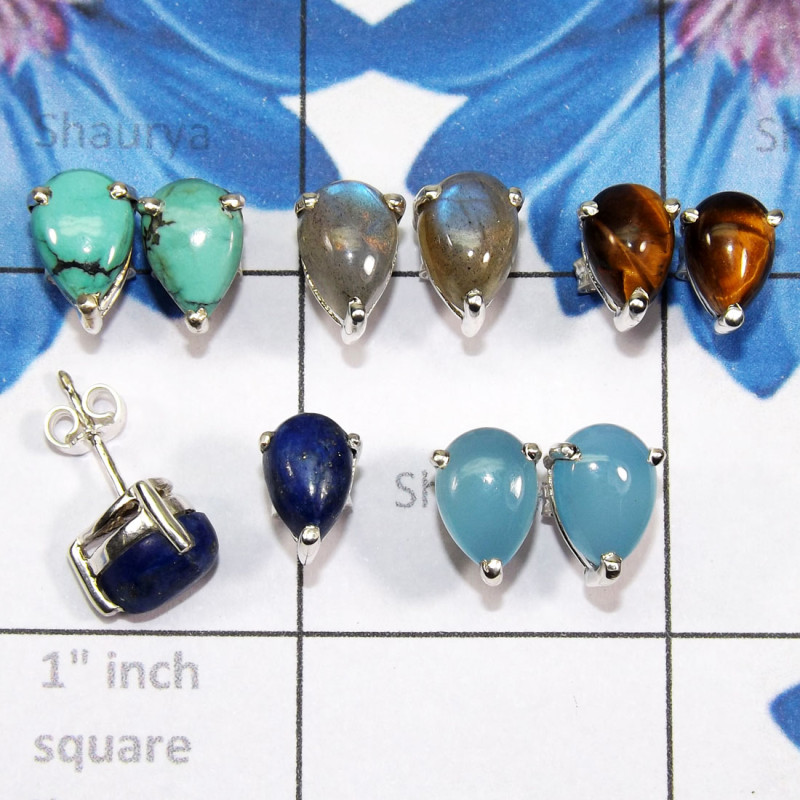 5 Pair Multi Cab Gemstone O - SSE927 - Multi Cab Gems Stone 5 Pairs of 925 Sterling Silver Who