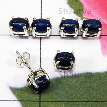 Lapis Cab 3 Pairs Of Stud Earrings O - SSE925 - 3 Pairs Of Lapis Lazuli Gems Stone 925 Sterling Silver
