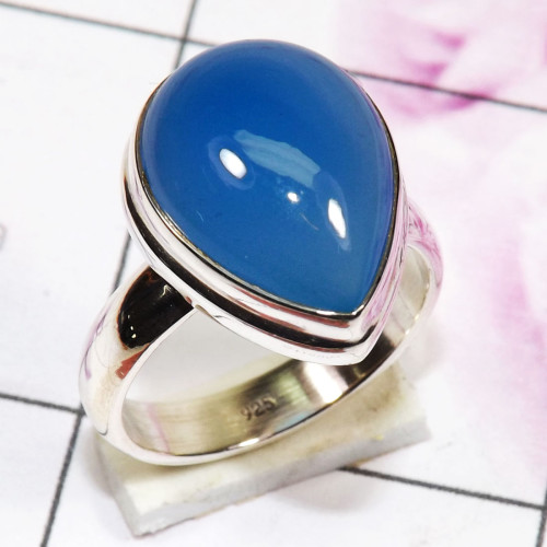 Blue Chalcedony B - PSR855 - Indian Factory Made Plain Ring 925 Sterling Silver Jewe Blue Chalcedony B - PSR855 - Indian Factory Made Plain Ring 925 Sterling Silver Jewe