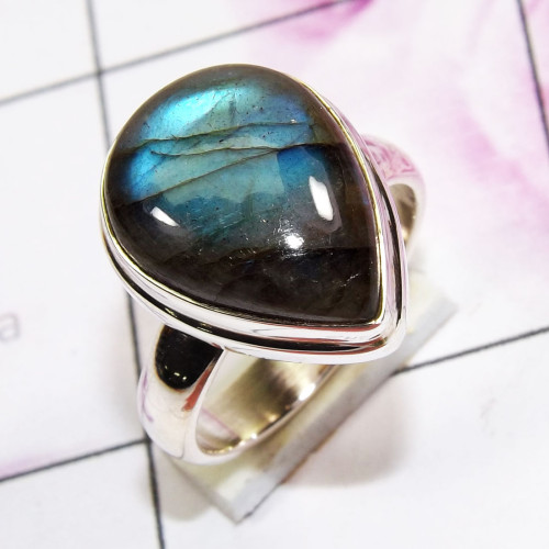 Labradorite Cab C - PSR855 - Indian Factory Made Plain Ring 925 Sterling Silver Jewe Labradorite Cab C - PSR855 - Indian Factory Made Plain Ring 925 Sterling Silver Jewe