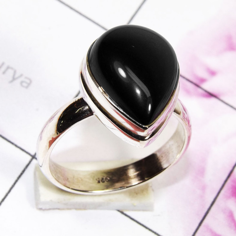 Black Onyx D - PSR855 - Indian Factory Made Plain Ring 925 Sterling Silver Jewe