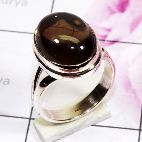 Smokey cab D - PSR854 - 925 Sterling Silver Plain Ring Made In Indian Factory