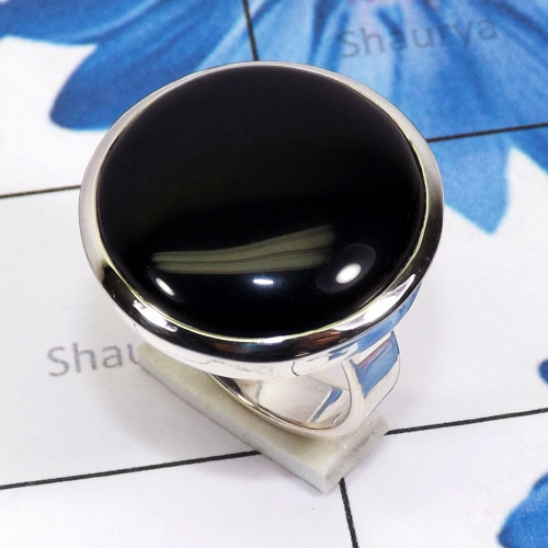 Black Onyx B - PSR853 - Malachite Plain Setting Ring With 925 Sterling Silver J