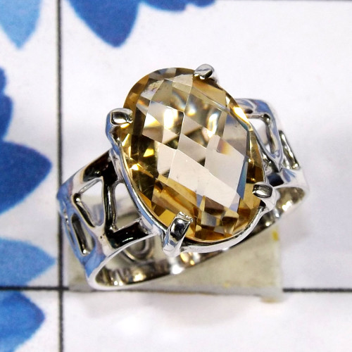 Citrine cut O - SPR957 - 925 Sterling Silver Prong Setting Ring With Geniune Gem