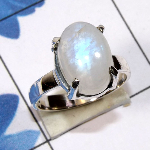 Rainbow Moonstone D - SPR955 - Indian Factory Made Prong Setting Ring With 925 Sterlin