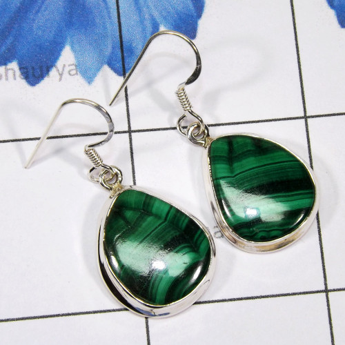Malachite A - SPE917 - Malachite Gemstone Plain Setting Earring With 925 Sterl